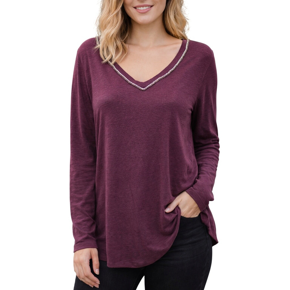 Linen Maroon Embellished Long Sleeve Blouse V Neck Size Medium